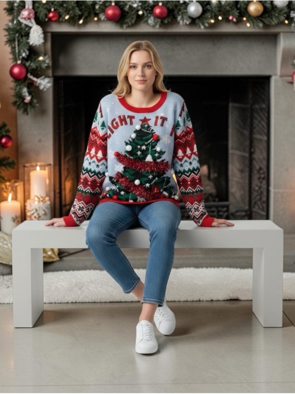VTG. No Boundaries “Light it Up,” Ugly Xmas sweater-3DGarland Juniors (L) 11-13